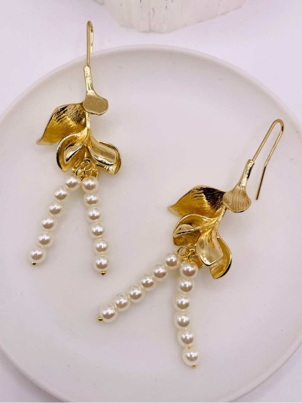 Gold Petal Pearl Earrings